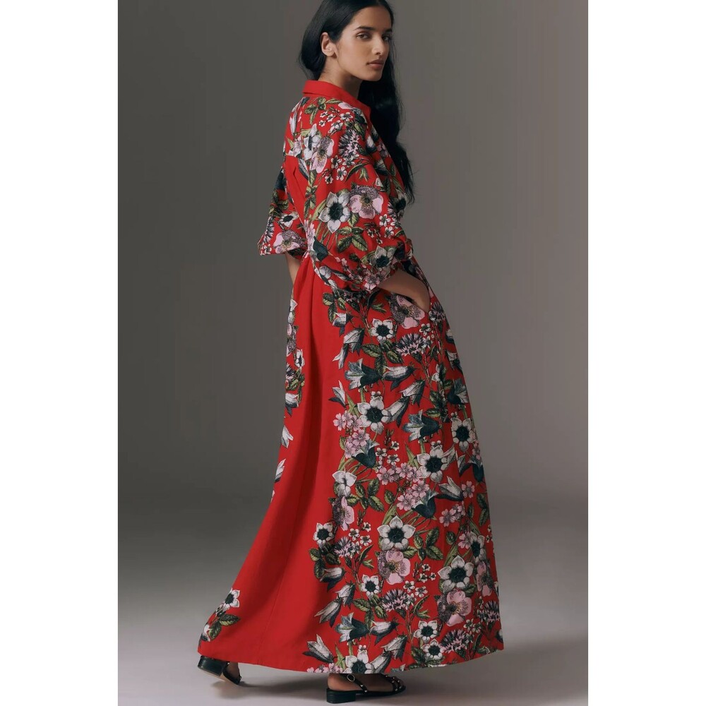 Anthropologie The Mona Linen Maxi Shirt Dress by Maeve Red Floral 2X NEW - Picture 3 of 4